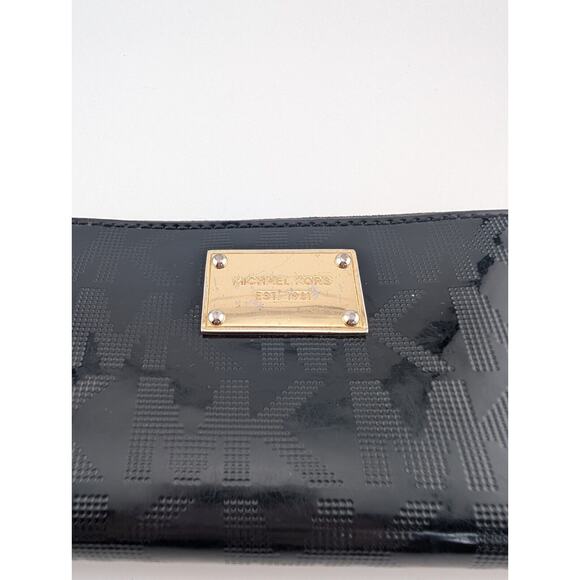 Michael Kors Black Zipper Wallet Shiny Patent MK Zip Around - Picture 3 of 9